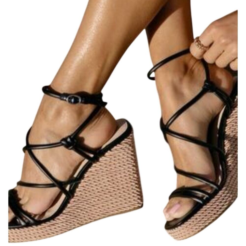 Old Money Euro Summer Zesty Edge Blk Leather Wedge Strappy Espadrille Sandals 11